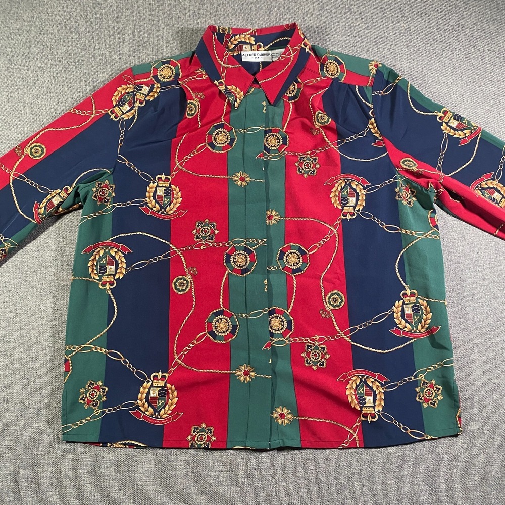 Alfred Dunner VTG 90s Striped Baroque Chain Print Long Sleeve Blouse Size 14P